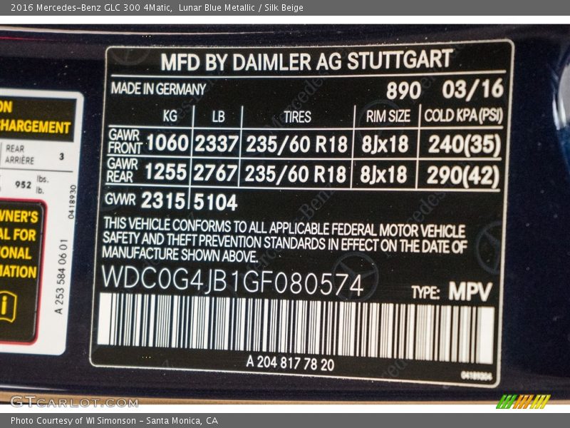 Lunar Blue Metallic / Silk Beige 2016 Mercedes-Benz GLC 300 4Matic