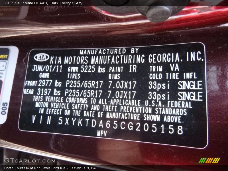 Dark Cherry / Gray 2012 Kia Sorento LX AWD