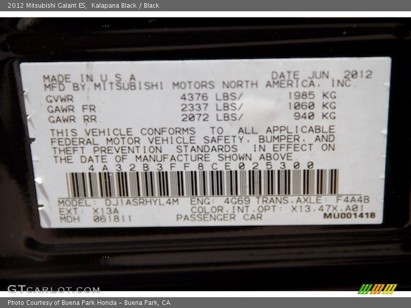 Kalapana Black / Black 2012 Mitsubishi Galant ES