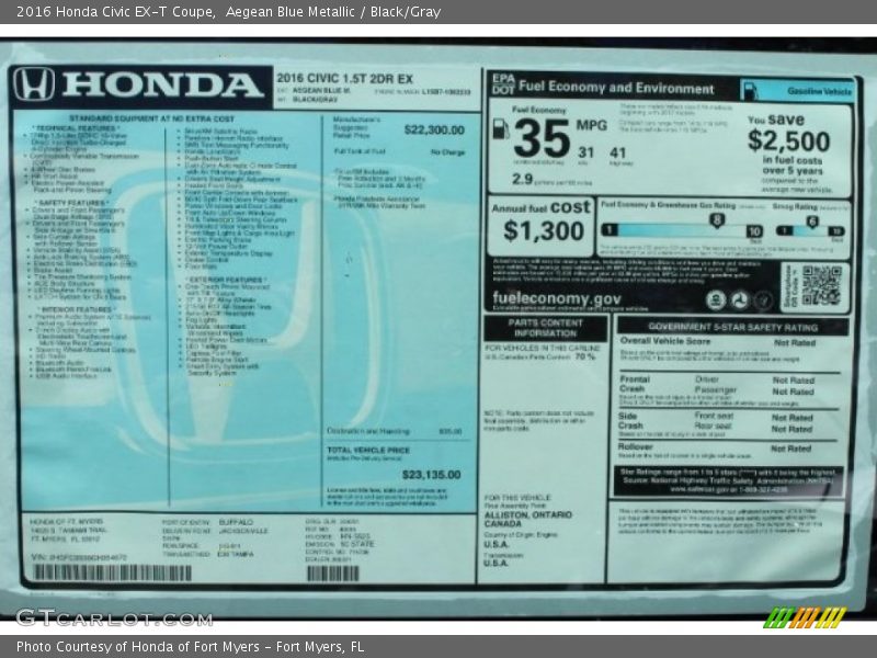 Aegean Blue Metallic / Black/Gray 2016 Honda Civic EX-T Coupe