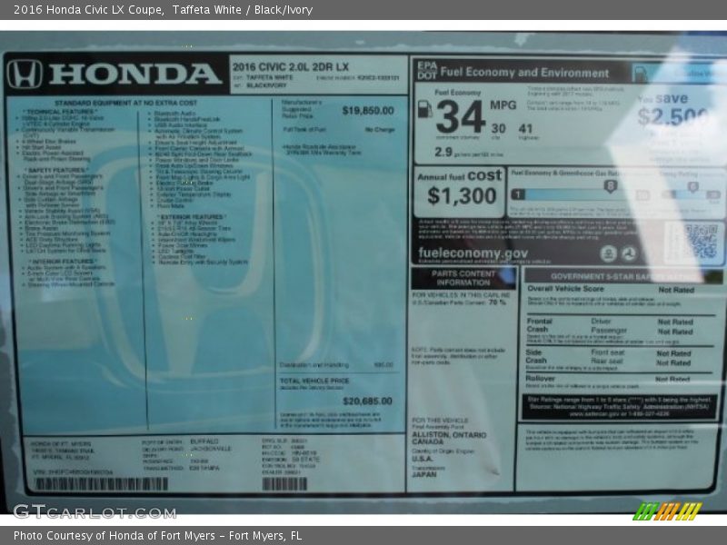 Taffeta White / Black/Ivory 2016 Honda Civic LX Coupe