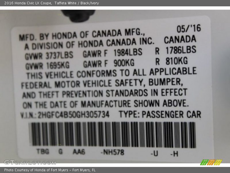 Taffeta White / Black/Ivory 2016 Honda Civic LX Coupe