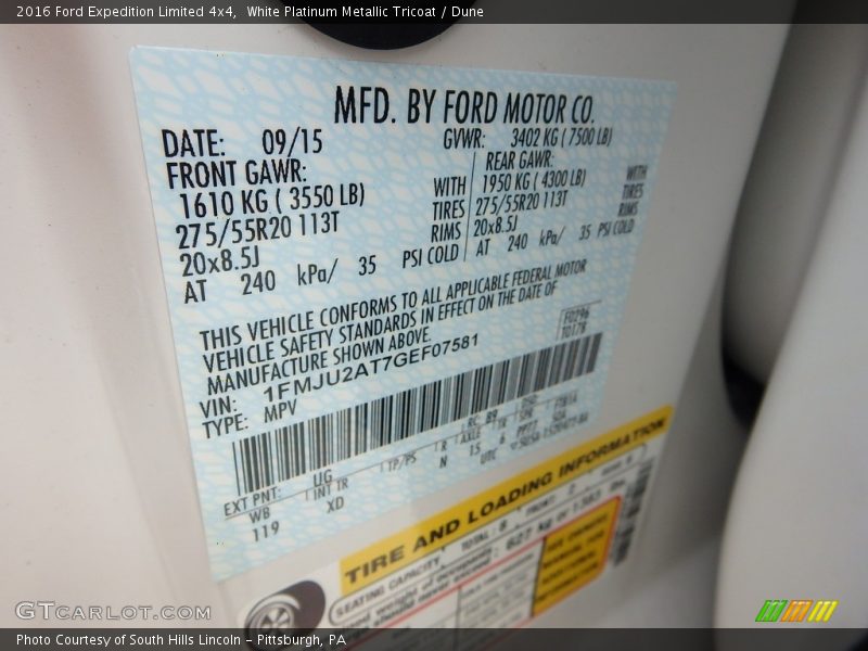 White Platinum Metallic Tricoat / Dune 2016 Ford Expedition Limited 4x4