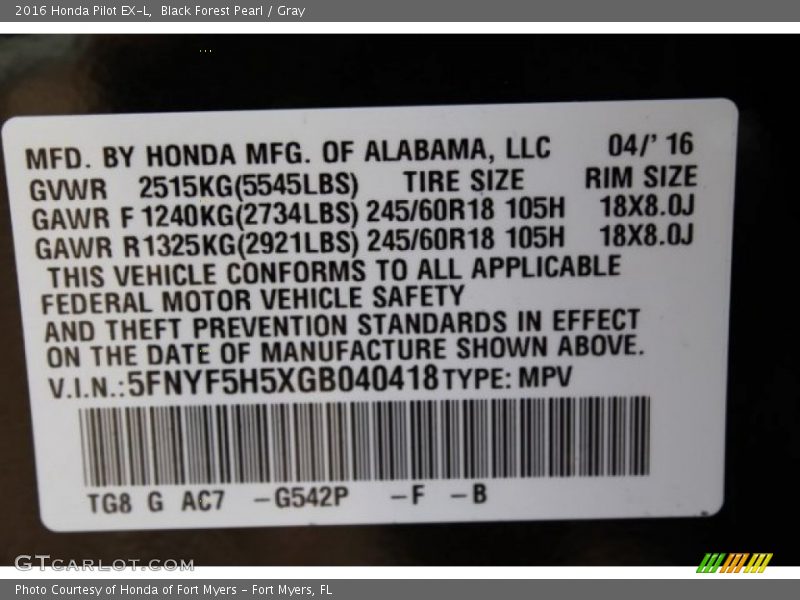 Black Forest Pearl / Gray 2016 Honda Pilot EX-L