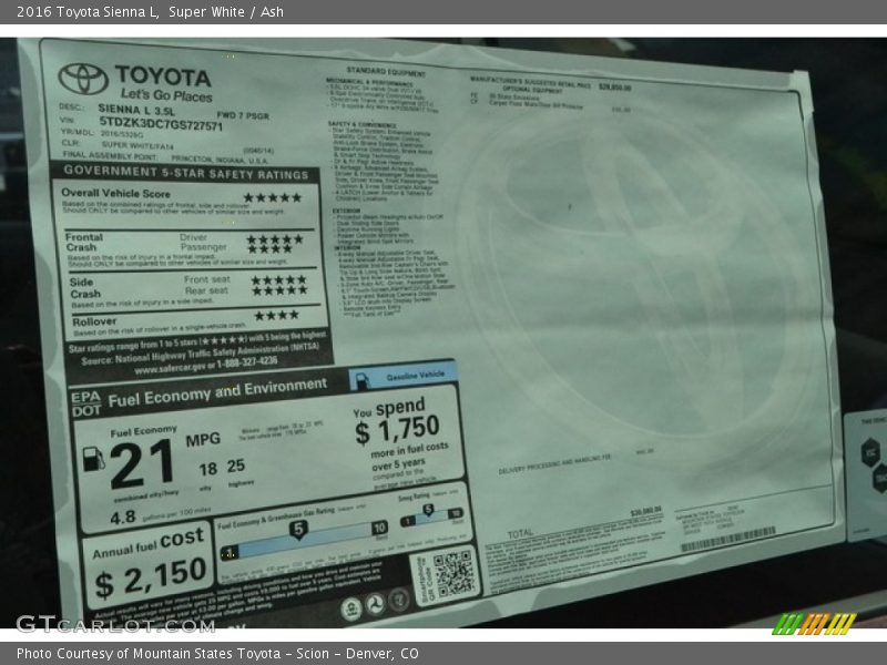 Super White / Ash 2016 Toyota Sienna L