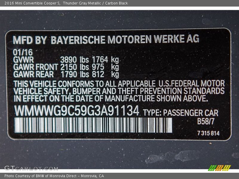 Thunder Gray Metallic / Carbon Black 2016 Mini Convertible Cooper S