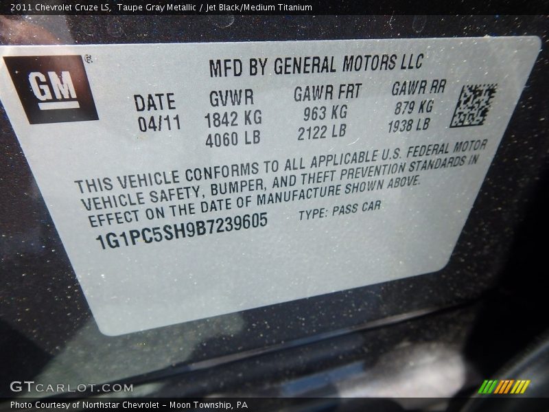 Taupe Gray Metallic / Jet Black/Medium Titanium 2011 Chevrolet Cruze LS