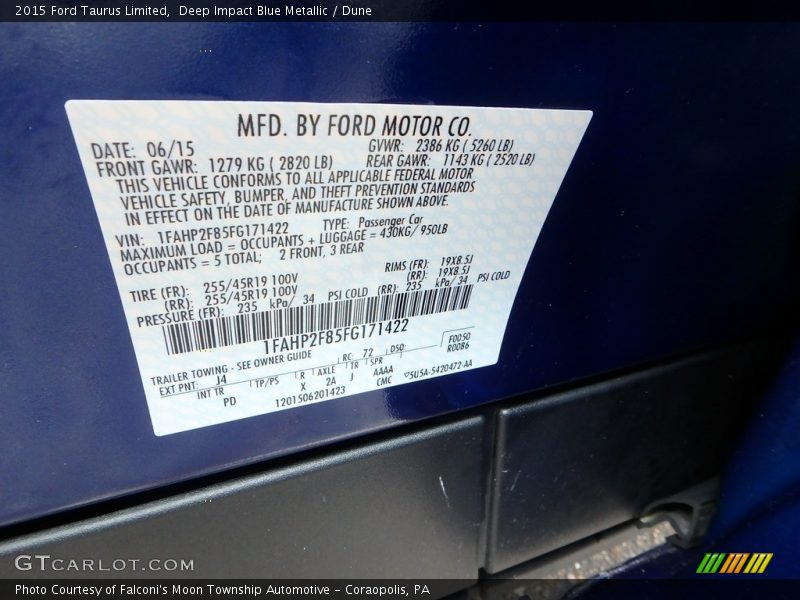 Deep Impact Blue Metallic / Dune 2015 Ford Taurus Limited