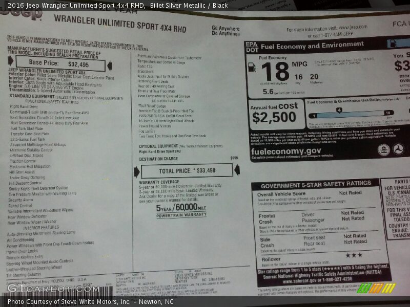  2016 Wrangler Unlimited Sport 4x4 RHD Window Sticker