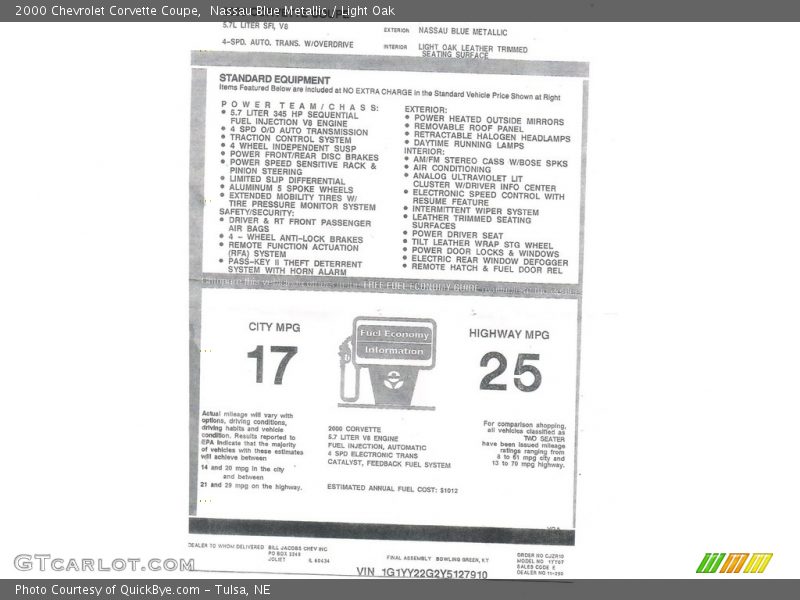  2000 Corvette Coupe Window Sticker