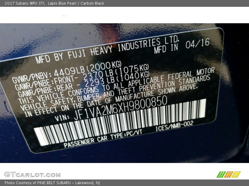 Lapis Blue Pearl / Carbon Black 2017 Subaru WRX STI