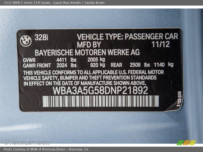 Liquid Blue Metallic / Saddle Brown 2013 BMW 3 Series 328i Sedan