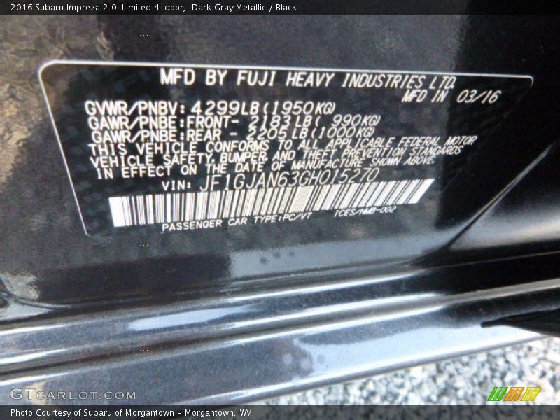 Dark Gray Metallic / Black 2016 Subaru Impreza 2.0i Limited 4-door