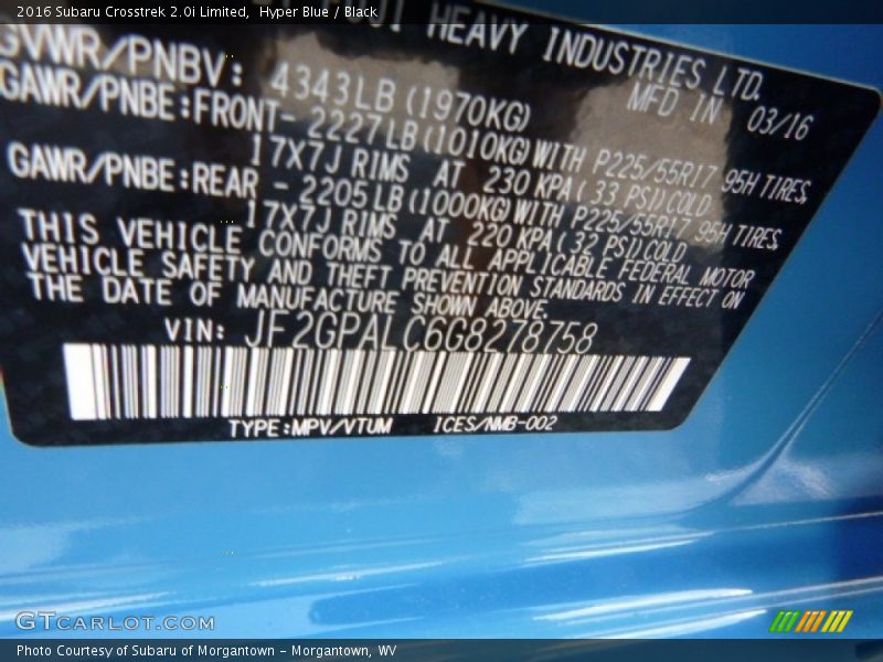 Hyper Blue / Black 2016 Subaru Crosstrek 2.0i Limited