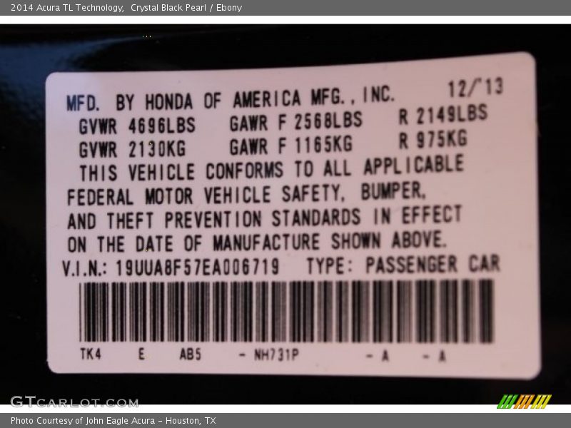 Crystal Black Pearl / Ebony 2014 Acura TL Technology