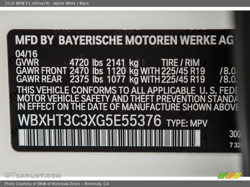 Alpine White / Black 2016 BMW X1 xDrive28i