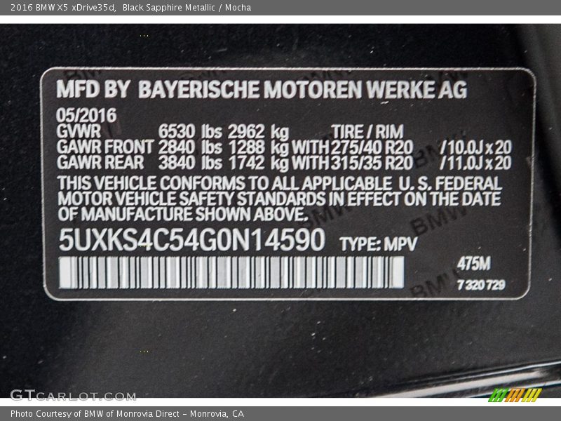 2016 X5 xDrive35d Black Sapphire Metallic Color Code 475