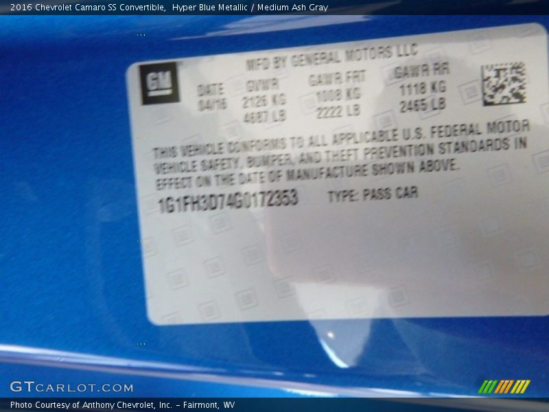 Hyper Blue Metallic / Medium Ash Gray 2016 Chevrolet Camaro SS Convertible