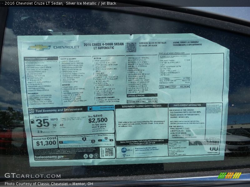 Silver Ice Metallic / Jet Black 2016 Chevrolet Cruze LT Sedan