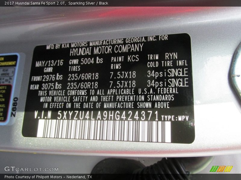 2017 Santa Fe Sport 2.0T Sparkling Silver Color Code RYN