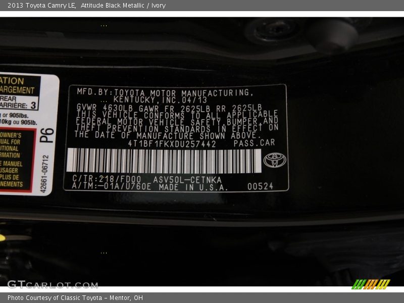 Attitude Black Metallic / Ivory 2013 Toyota Camry LE