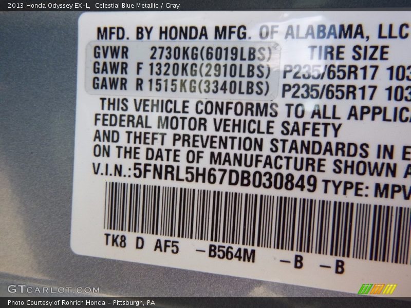 Celestial Blue Metallic / Gray 2013 Honda Odyssey EX-L