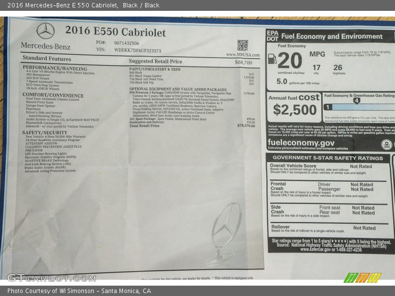  2016 E 550 Cabriolet Window Sticker