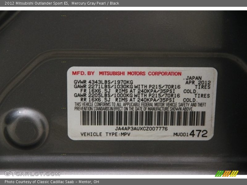 Mercury Gray Pearl / Black 2012 Mitsubishi Outlander Sport ES