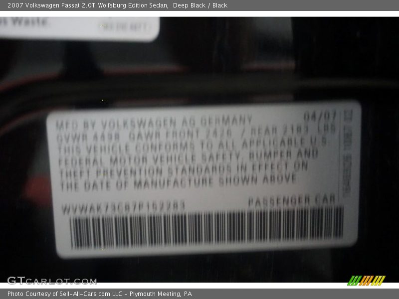 Deep Black / Black 2007 Volkswagen Passat 2.0T Wolfsburg Edition Sedan
