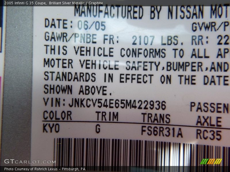 Brilliant Silver Metallic / Graphite 2005 Infiniti G 35 Coupe