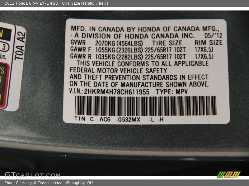 Opal Sage Metallic / Beige 2012 Honda CR-V EX-L 4WD