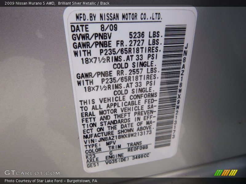 Brilliant Silver Metallic / Black 2009 Nissan Murano S AWD