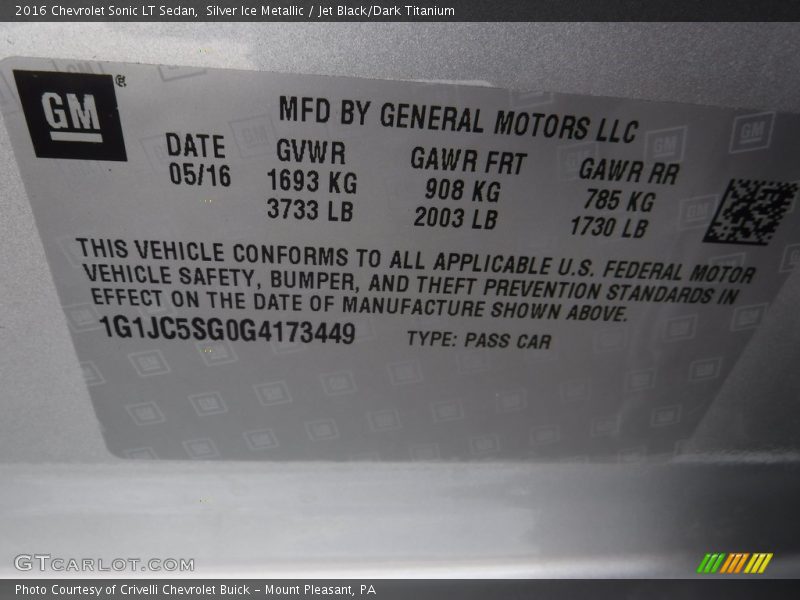 Silver Ice Metallic / Jet Black/Dark Titanium 2016 Chevrolet Sonic LT Sedan