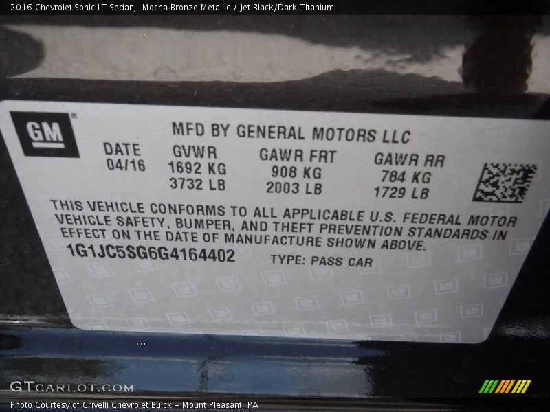 Mocha Bronze Metallic / Jet Black/Dark Titanium 2016 Chevrolet Sonic LT Sedan