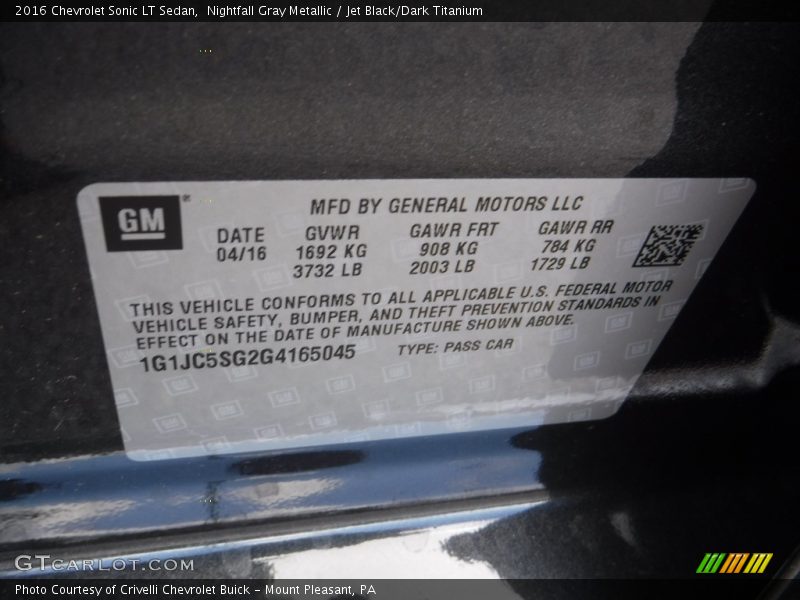 Nightfall Gray Metallic / Jet Black/Dark Titanium 2016 Chevrolet Sonic LT Sedan