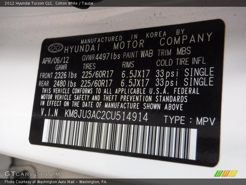 Cotton White / Taupe 2012 Hyundai Tucson GLS