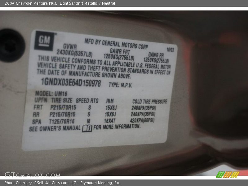 Light Sandrift Metallic / Neutral 2004 Chevrolet Venture Plus