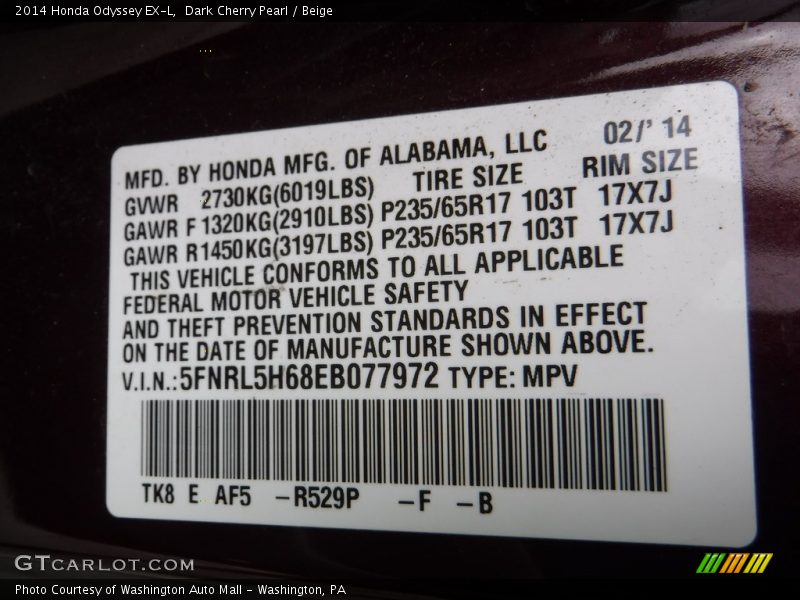 Dark Cherry Pearl / Beige 2014 Honda Odyssey EX-L