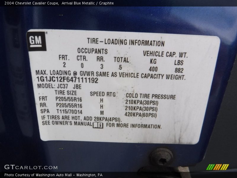 Arrival Blue Metallic / Graphite 2004 Chevrolet Cavalier Coupe