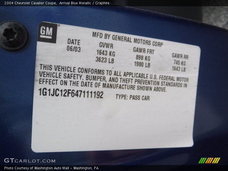 Arrival Blue Metallic / Graphite 2004 Chevrolet Cavalier Coupe
