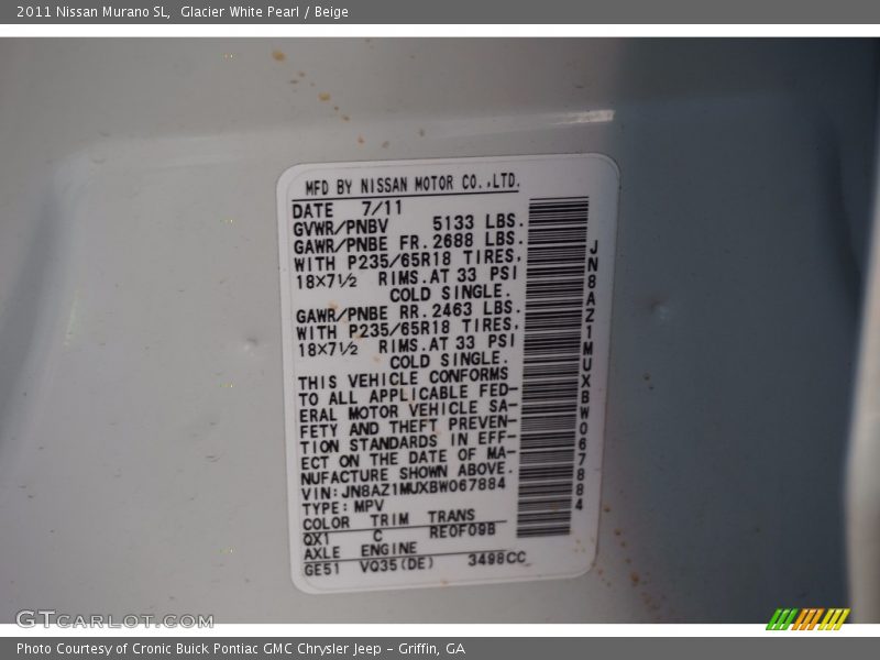 Glacier White Pearl / Beige 2011 Nissan Murano SL
