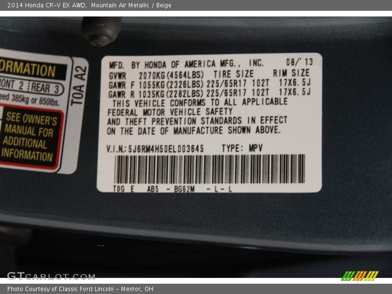 Mountain Air Metallic / Beige 2014 Honda CR-V EX AWD