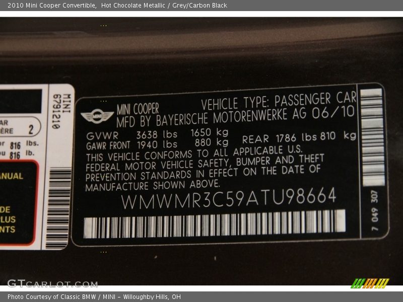 Hot Chocolate Metallic / Grey/Carbon Black 2010 Mini Cooper Convertible