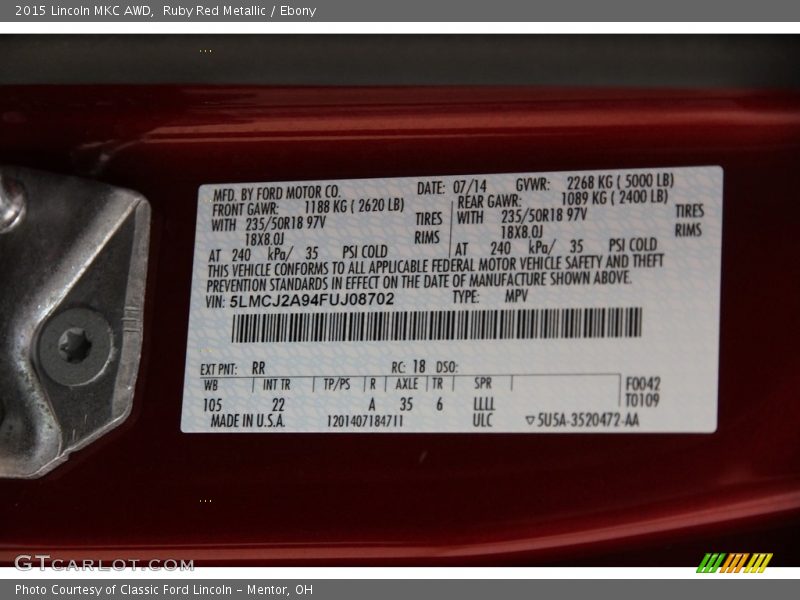 2015 MKC AWD Ruby Red Metallic Color Code RR