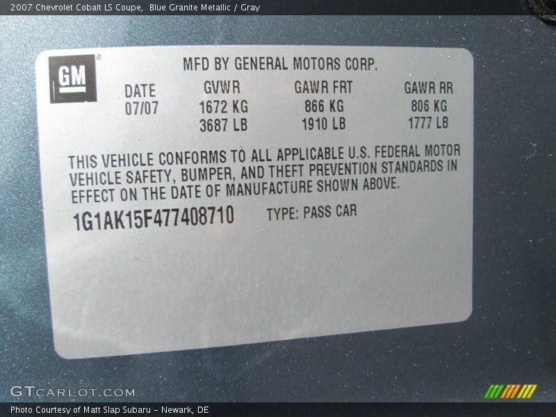 Blue Granite Metallic / Gray 2007 Chevrolet Cobalt LS Coupe