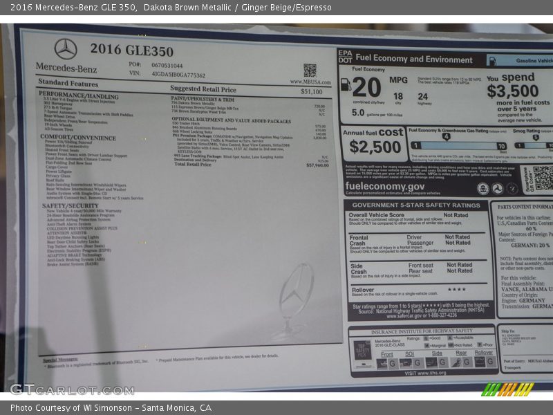  2016 GLE 350 Window Sticker