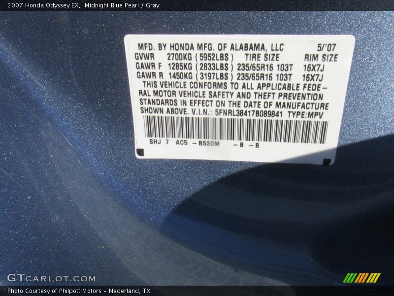 Midnight Blue Pearl / Gray 2007 Honda Odyssey EX