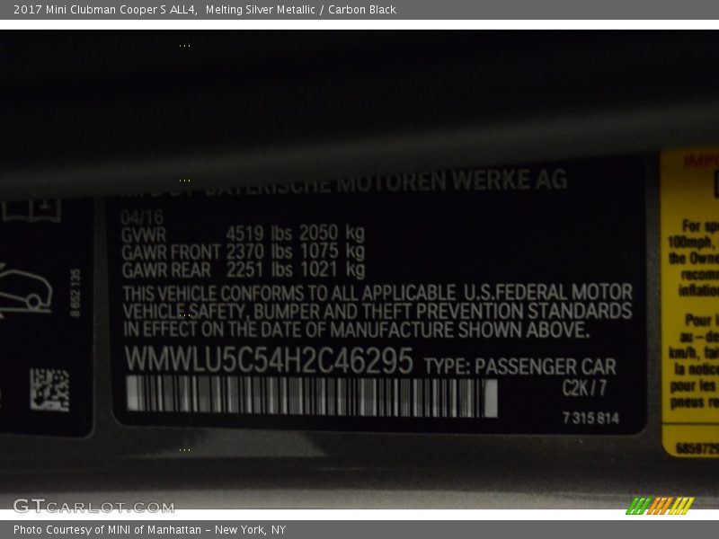 Melting Silver Metallic / Carbon Black 2017 Mini Clubman Cooper S ALL4