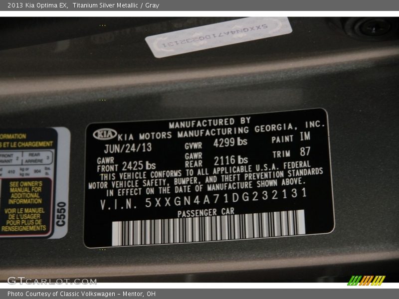 Titanium Silver Metallic / Gray 2013 Kia Optima EX