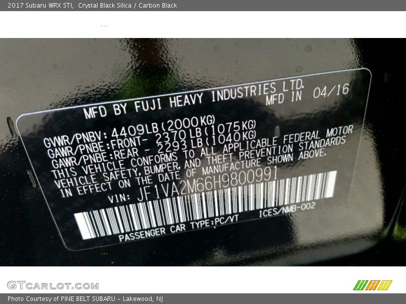 Crystal Black Silica / Carbon Black 2017 Subaru WRX STI